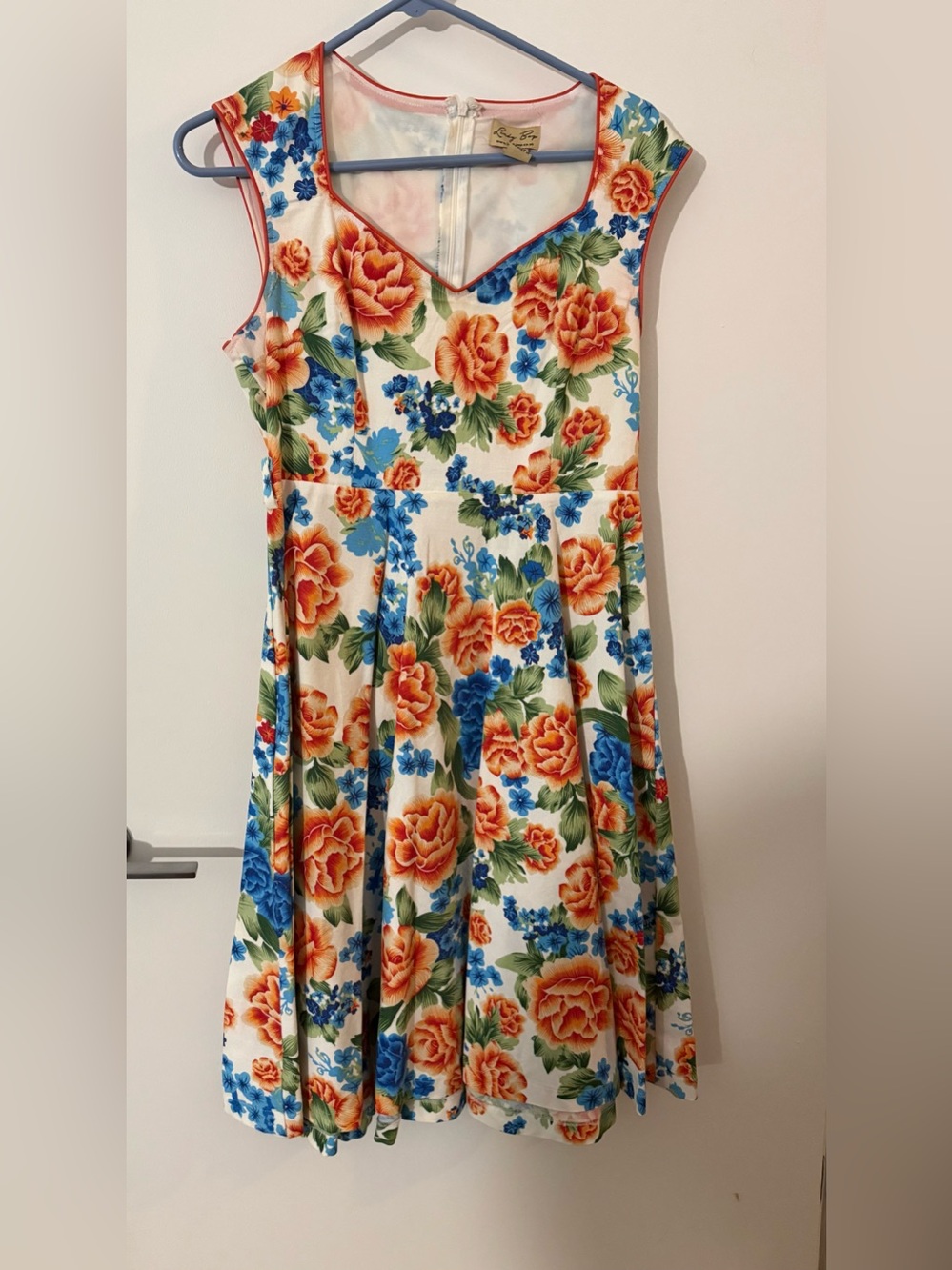 Lindy Borbs Floral V-Neck Fit-and-Flare Dress with Orange & Blue Flowers